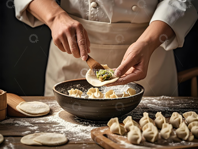 高清大图下载【趣麦麦图】正在包饺子的厨师摄影图