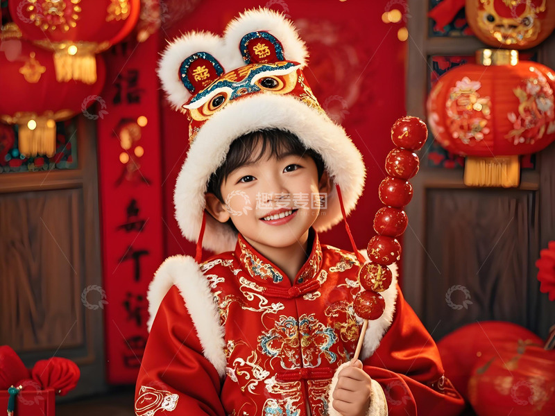 高清大图下载【趣麦麦图】戴虎头帽的可爱女孩手拿糖葫芦摄影图