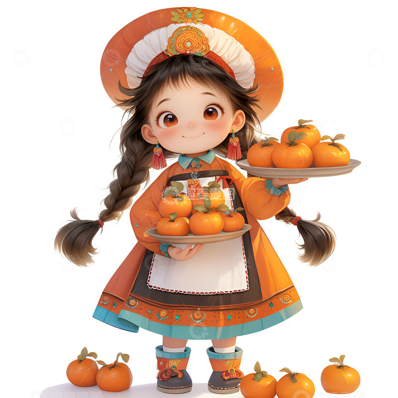 高清大图下载【趣麦麦图】端着柿子的小女孩