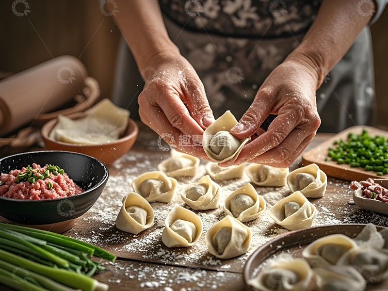 高清大图下载【趣麦麦图】正在包馄饨场景摄影图