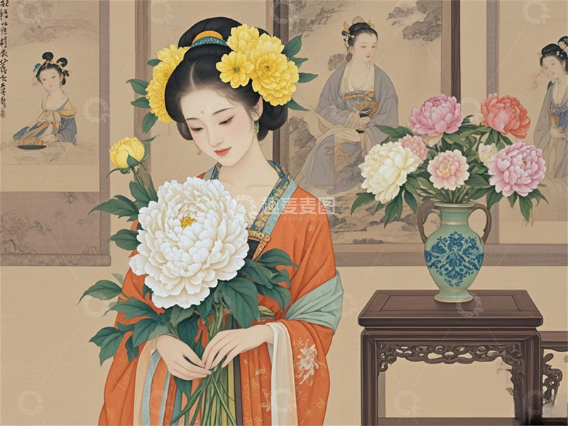 高清大图下载【趣麦麦图】墨水画橘色汉服女子手捧鲜花