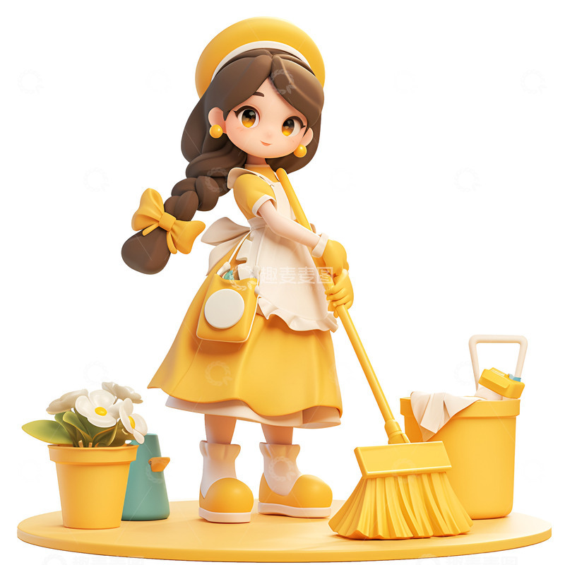 高清大图下载【趣麦麦图】卡通简约拿着扫把的女孩