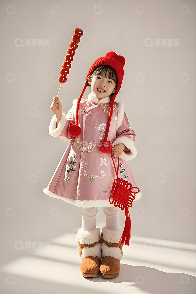 高清大图下载【趣麦麦图】穿唐装的可爱小女孩手拿糖葫芦摄影图