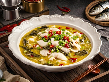 藤椒金汤鱼片美食摄影图