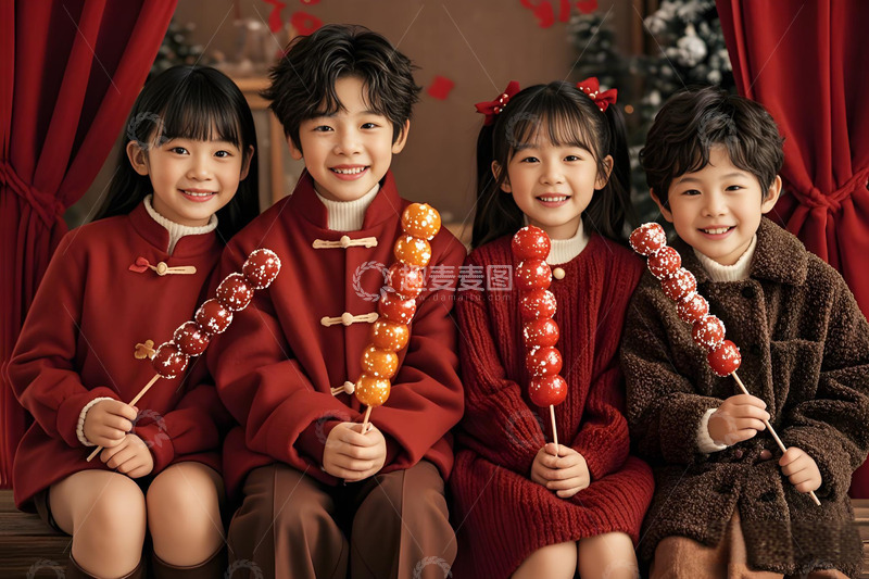 高清大图下载【趣麦麦图】拿着糖葫芦的孩子们摄影图