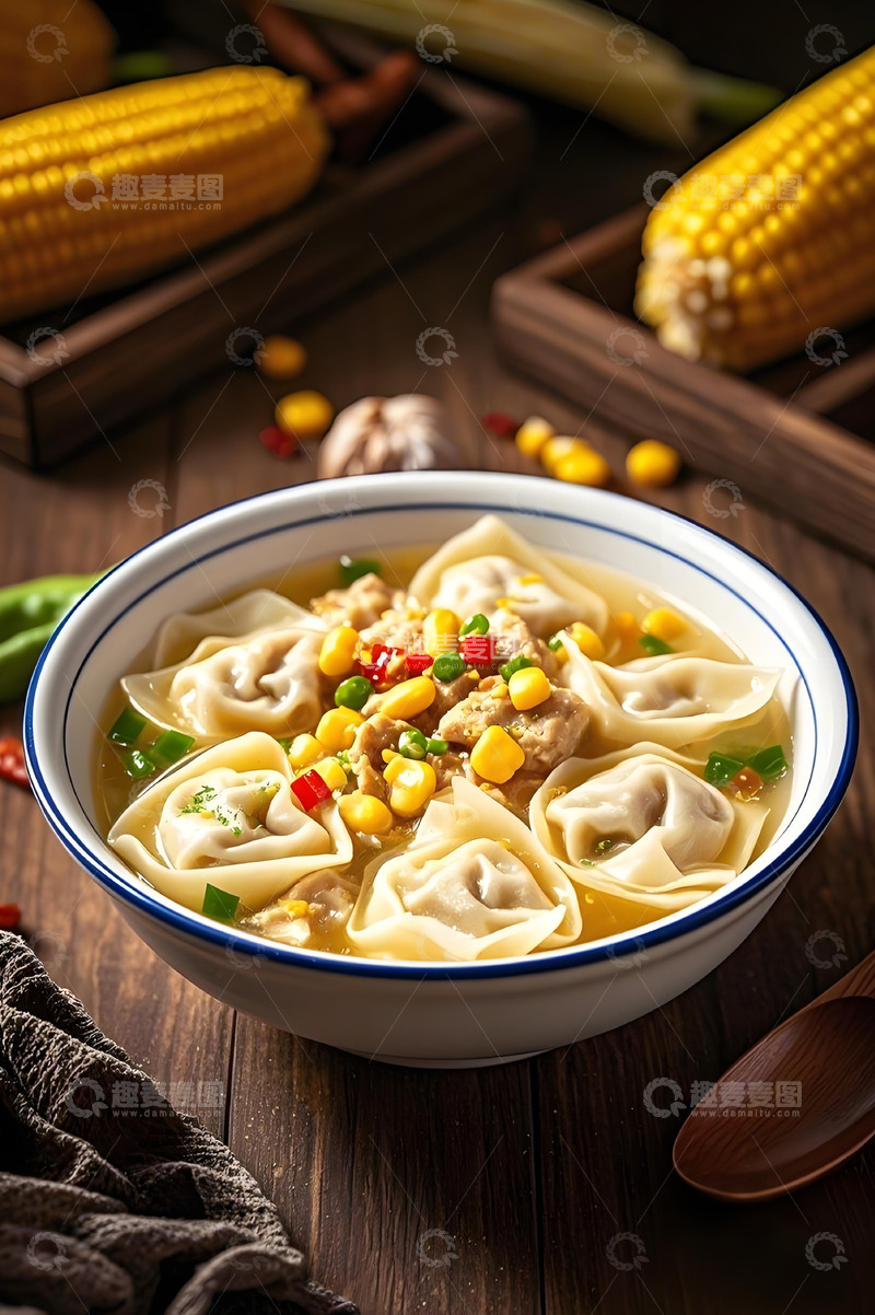 高清大图下载【趣麦麦图】玉米鸡汤鲜肉馄饨摄影图