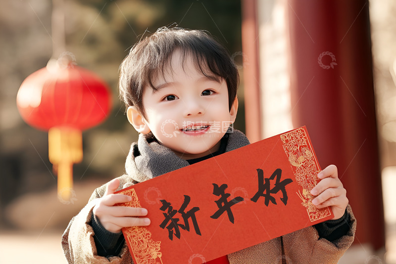 高清大图下载【趣麦麦图】过年拿着对联的孩子
