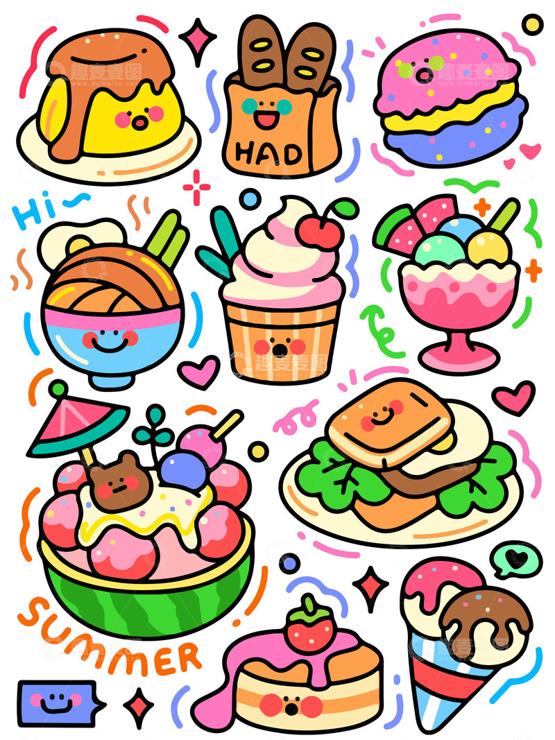 高清大图下载【趣麦麦图】多巴胺配色卡通涂鸦美食套餐素材