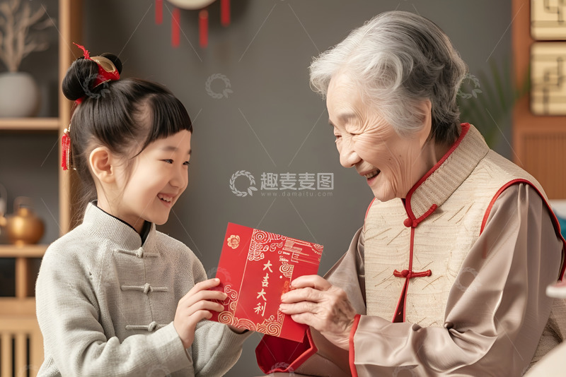 高清大图下载【趣麦麦图】新年奶奶给孙女大红包