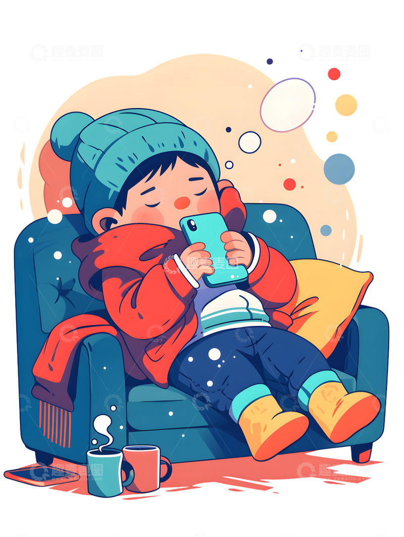 冬天沙发上玩手机的男孩子