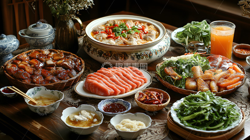 高清大图下载【趣麦麦图】年夜宴席传统中式火锅丰富佳肴