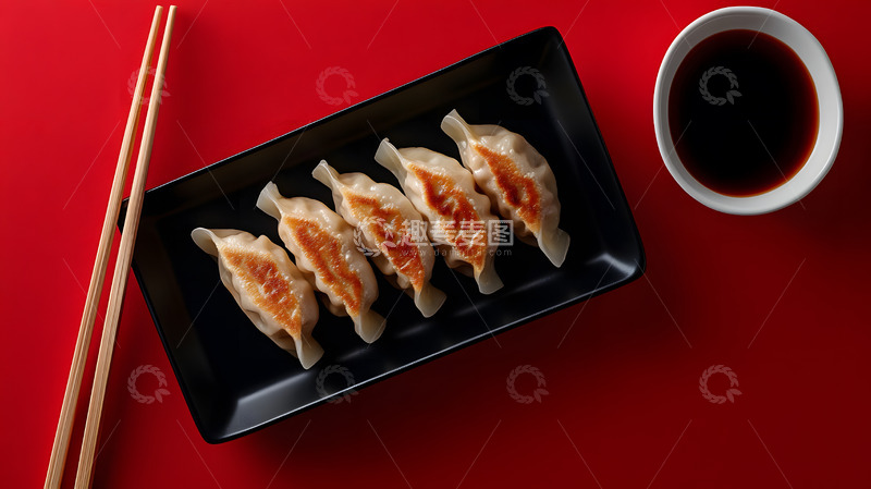 高清大图下载【趣麦麦图】红色背景上的饺子摆盘新春味道