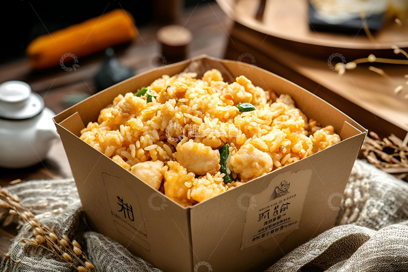 高清大图下载【趣麦麦图】纸盒里的米饭拌鸡肉丁