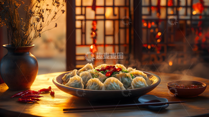 高清大图下载【趣麦麦图】瓷碗装满饺子红色背景年夜饭