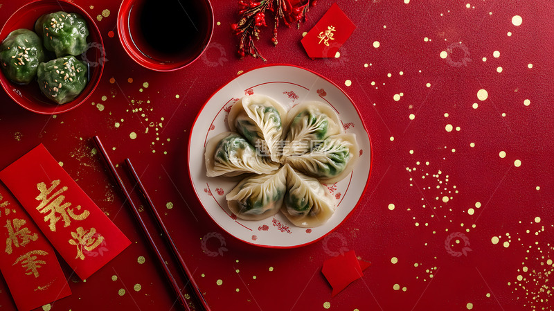 高清大图下载【趣麦麦图】陶瓷盘中的精致饺子红色背景中式美食