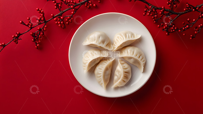 高清大图下载【趣麦麦图】中式红盘上的点心与装饰年味十足