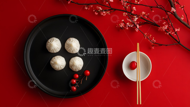 高清大图下载【趣麦麦图】红色背景上的黑盘饺子年夜饭美食