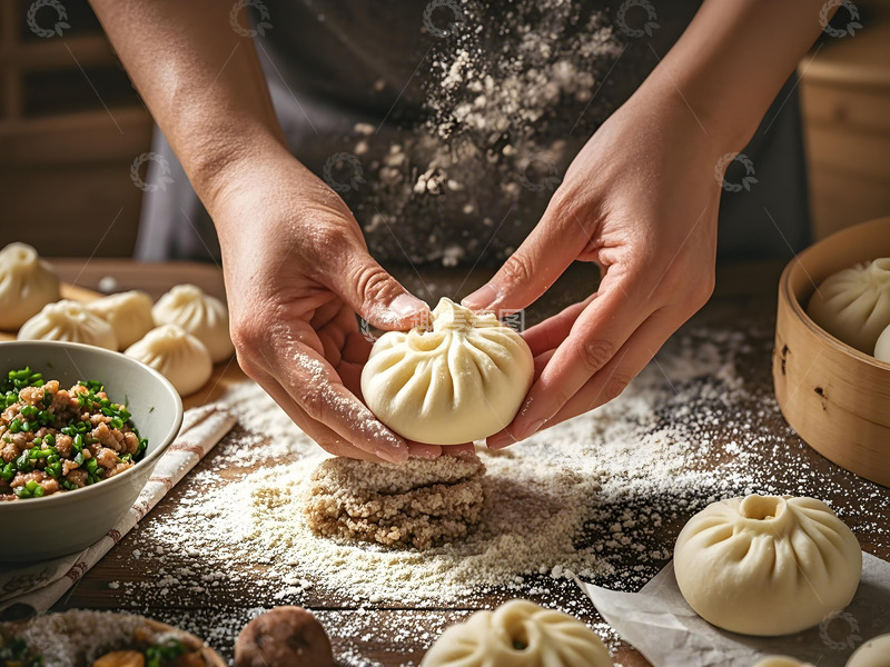 高清大图下载【趣麦麦图】正在包包子的场影摄影图