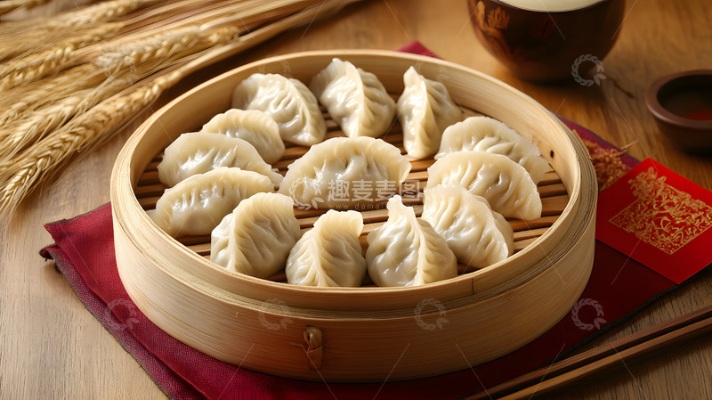 高清大图下载【趣麦麦图】竹篮中的香气四溢饺子新年家宴