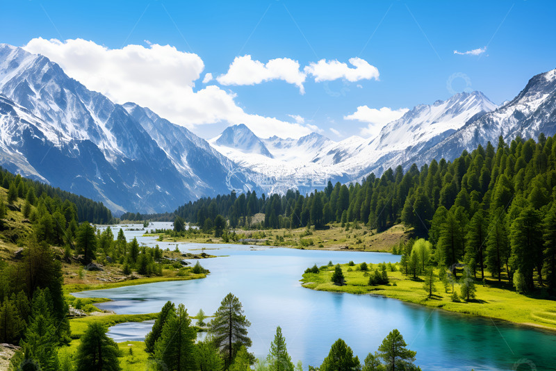 高清大图下载【趣麦麦图】雪山脚下的松树林河流