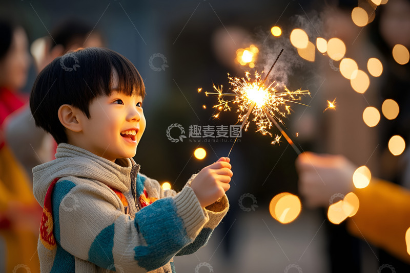 高清大图下载【趣麦麦图】新年拿着烟花棒的小孩