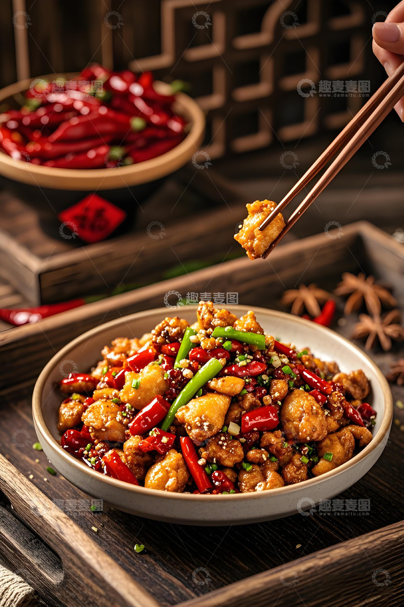 高清大图下载【趣麦麦图】筷子夹辣子鸡摄影图