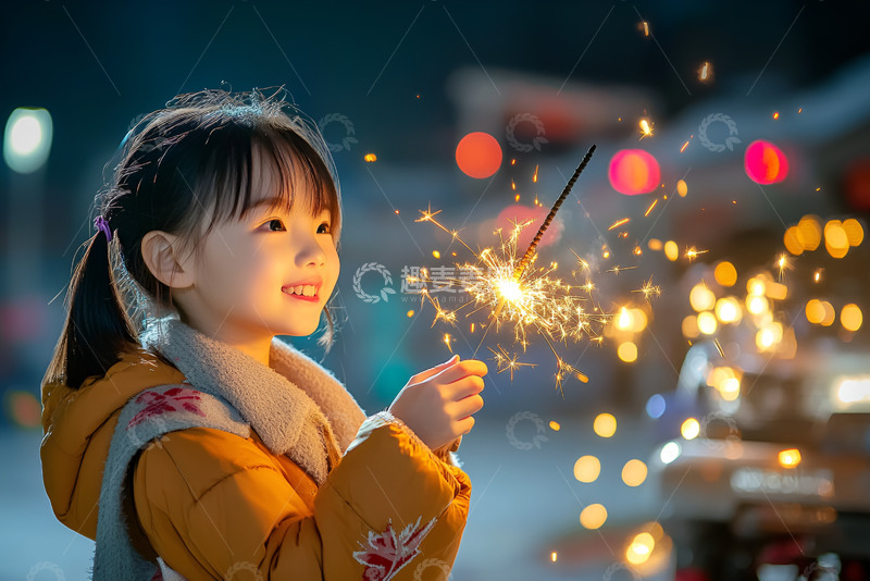 高清大图下载【趣麦麦图】新年拿着烟花棒的女孩
