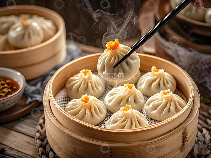 高清大图下载【趣麦麦图】蟹黄小笼汤包美食摄影图