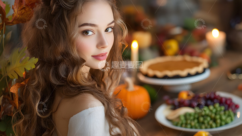 高清大图下载【趣麦麦图】小女孩与感恩节餐桌