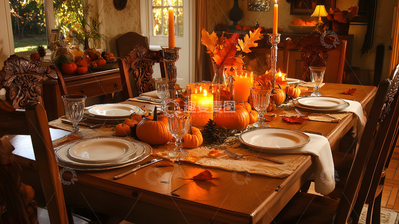 高清大图下载【趣麦麦图】感恩节温馨壁炉与餐桌布置