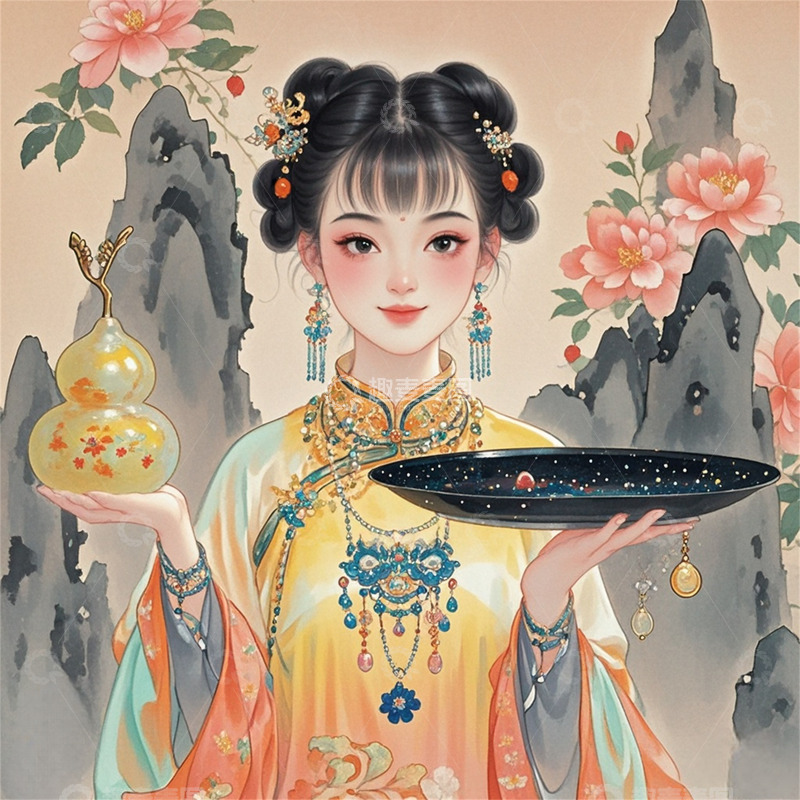 高清大图下载【趣麦麦图】中国风水墨画牡丹美女手持黑色托盘