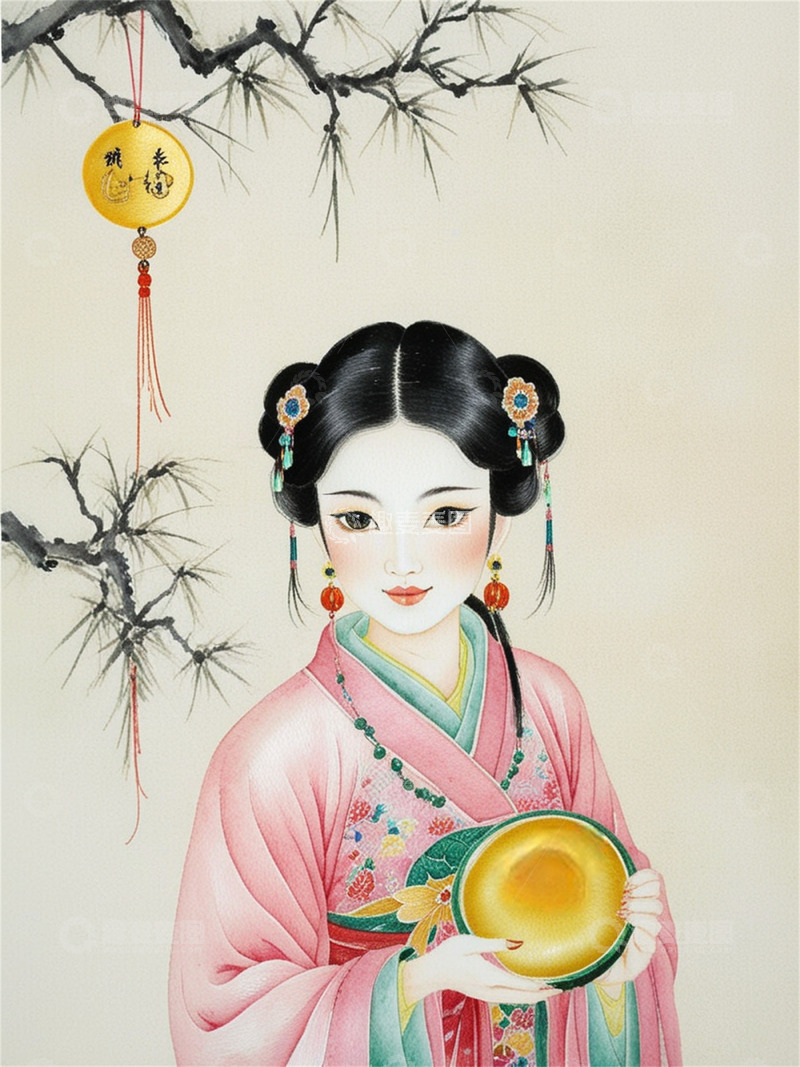 高清大图下载【趣麦麦图】水墨画汉服美女手持碗