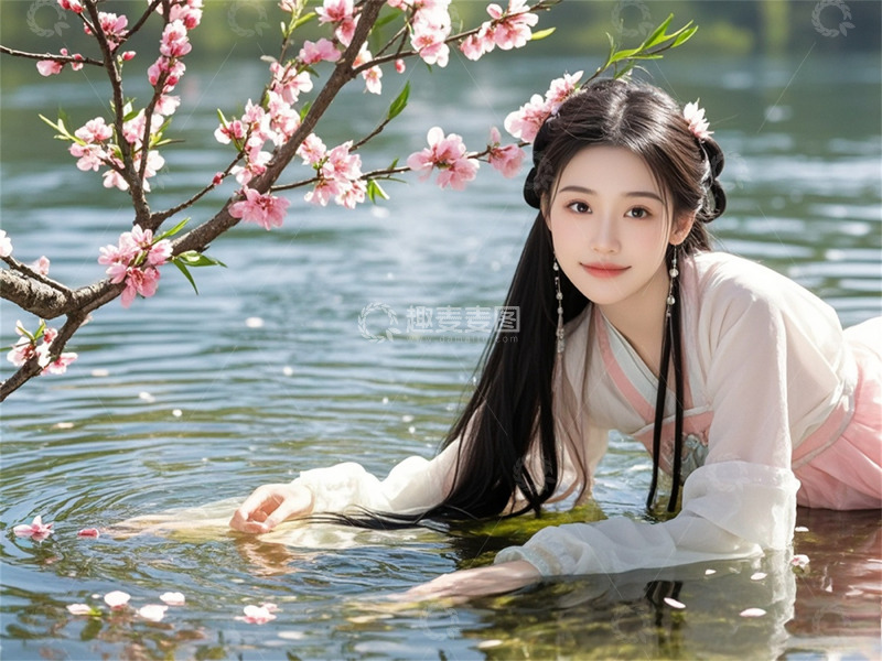 高清大图下载【趣麦麦图】中国风桃花美女戏水图