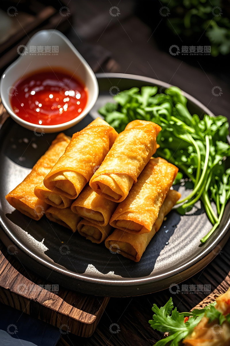 高清大图下载【趣麦麦图】一盘炸春卷美食摄影图