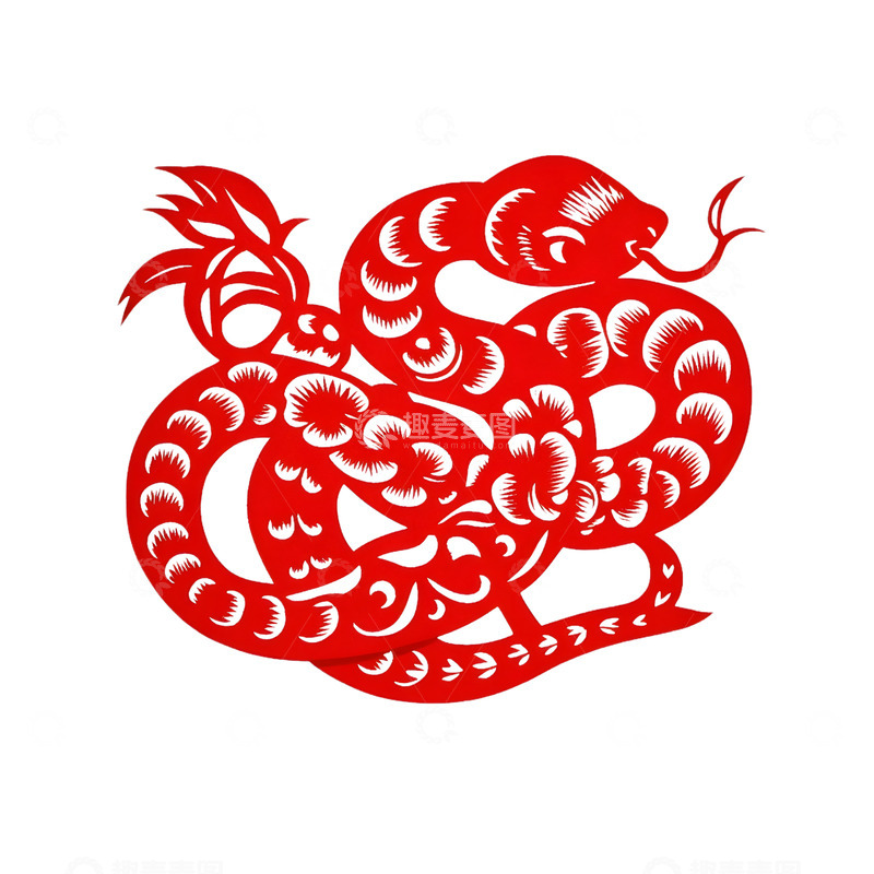 高清大图下载【趣麦麦图】蛇年红色剪纸蛇盘花图喜庆装饰