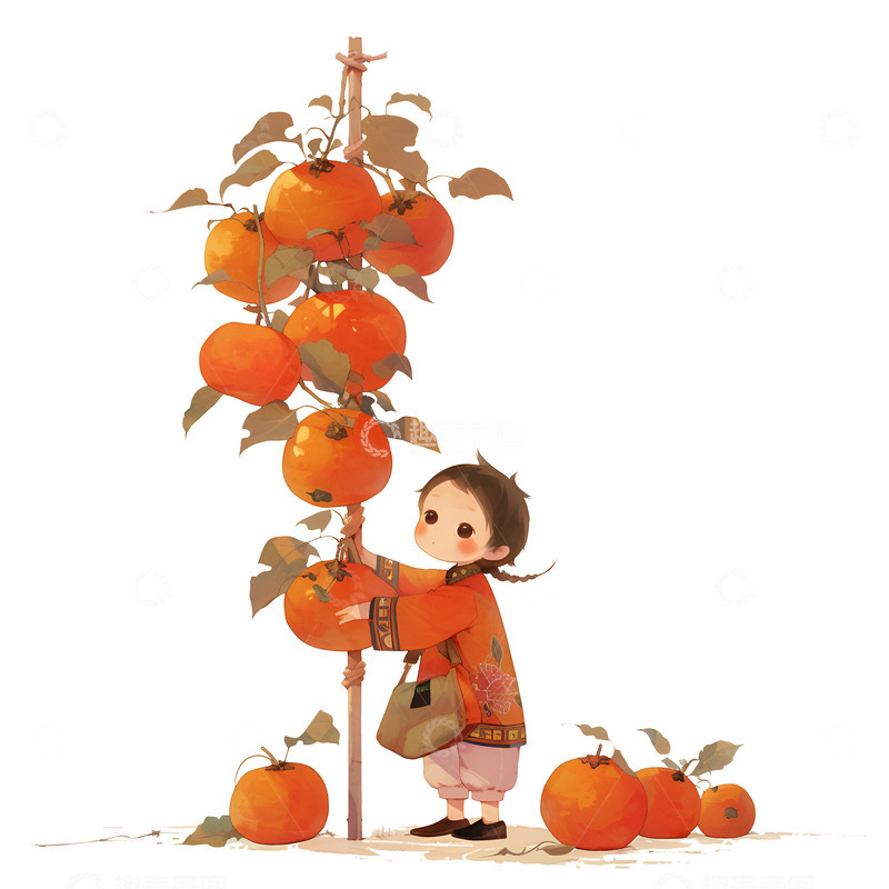 高清大图下载【趣麦麦图】卡通柿子枝和小孩