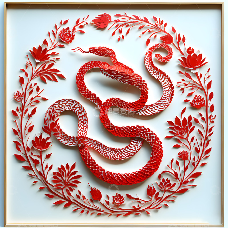 高清大图下载【趣麦麦图】蛇盘花环红色剪纸图蛇年新年吉祥物