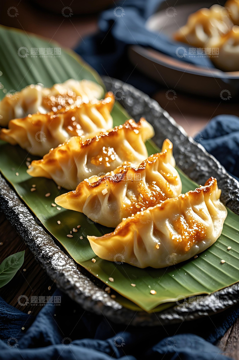 高清大图下载【趣麦麦图】摆在盘子里的煎饺子摄影图