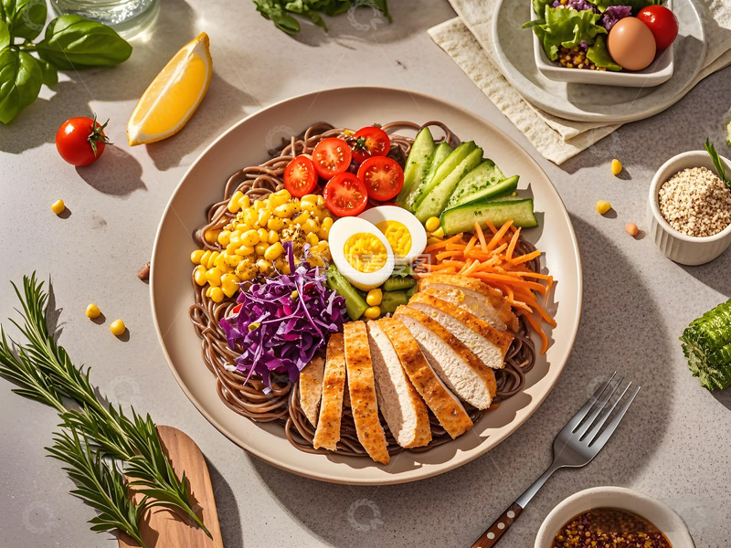 鸡胸肉玉米轻食摄影图