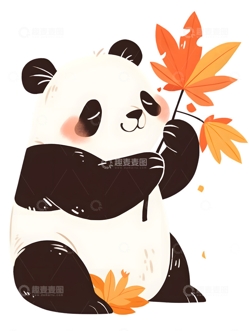 高清大图下载【趣麦麦图】可爱的熊猫枫叶插画