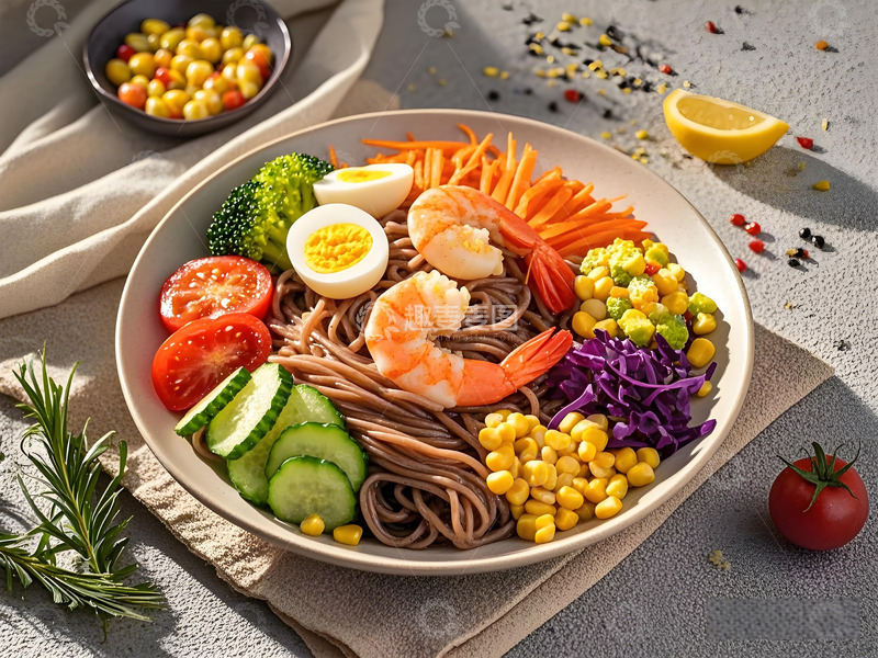 大虾荞麦面轻食沙拉摄影图