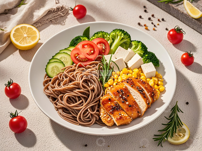 鸡肉荞麦面沙拉美食摄影图