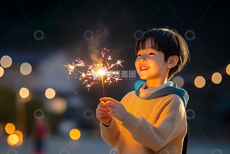 高清大图下载【趣麦麦图】拿着烟花棒的小孩