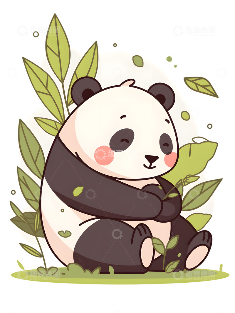 高清大图下载【趣麦麦图】可爱的熊猫与叶子