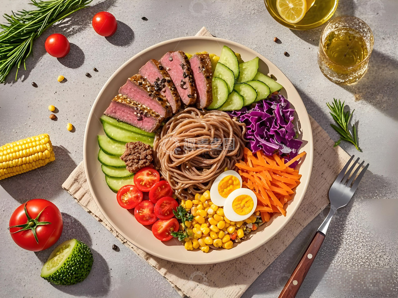 高清大图下载【趣麦麦图】黑椒牛肉片荞麦面轻食摄影图