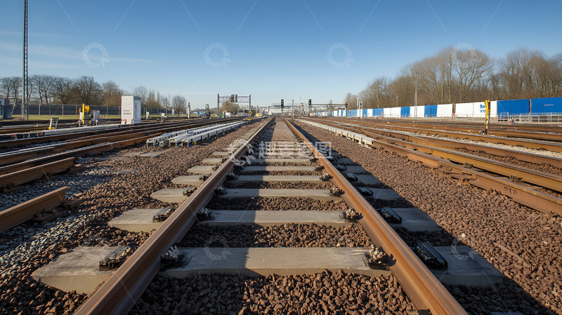 高清大图下载【趣麦麦图】平坦的铁轨延伸至远方空旷铁路景象