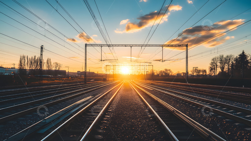 高清大图下载【趣麦麦图】日出映照的铁路轨道宁静清晨的铁路风光
