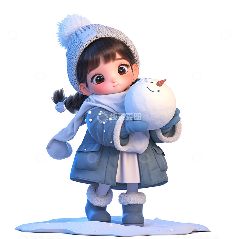 高清大图下载【趣麦麦图】卡通拿着小雪球的女孩