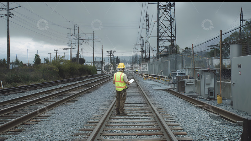 高清大图下载【趣麦麦图】工人夜晚检查铁路轨道确保安全的作业