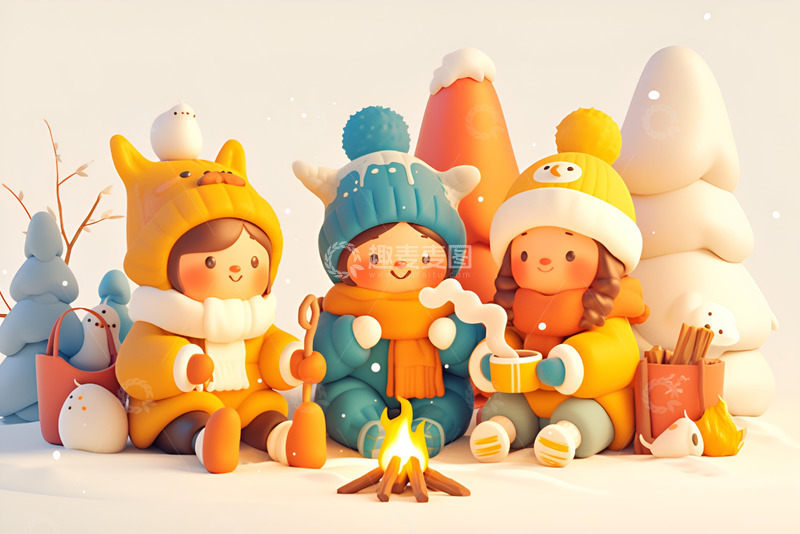 高清大图下载【趣麦麦图】冬季坐在火堆旁烤火的女孩